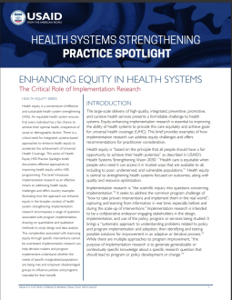 Heath Systems Strengthening Practice Spotlight: Equity Enhancing Implementation Research cover page