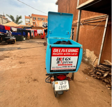 A DrugsExpress delivery bike outside the company’s headquarters in Kampala 